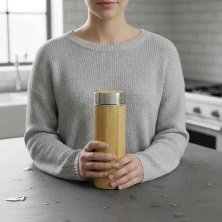 450 ml Bambu Kaplamalı Çelik Termos - Klasik Bardak Kapaklı Sıcak ve Soğuk Tutucu Seyahat Termosu
