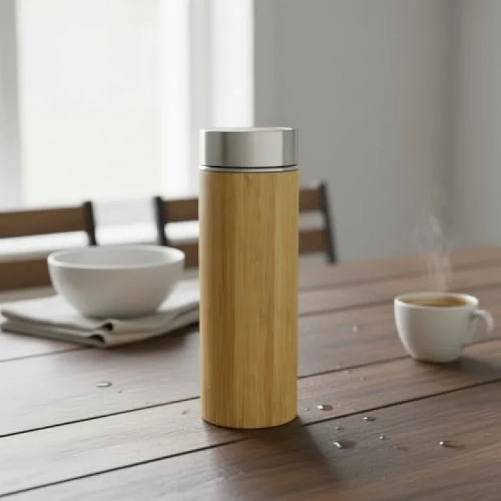 450 ml Bambu Kaplamalı Çelik Termos - Klasik Bardak Kapaklı Sıcak ve Soğuk Tutucu Seyahat Termosu