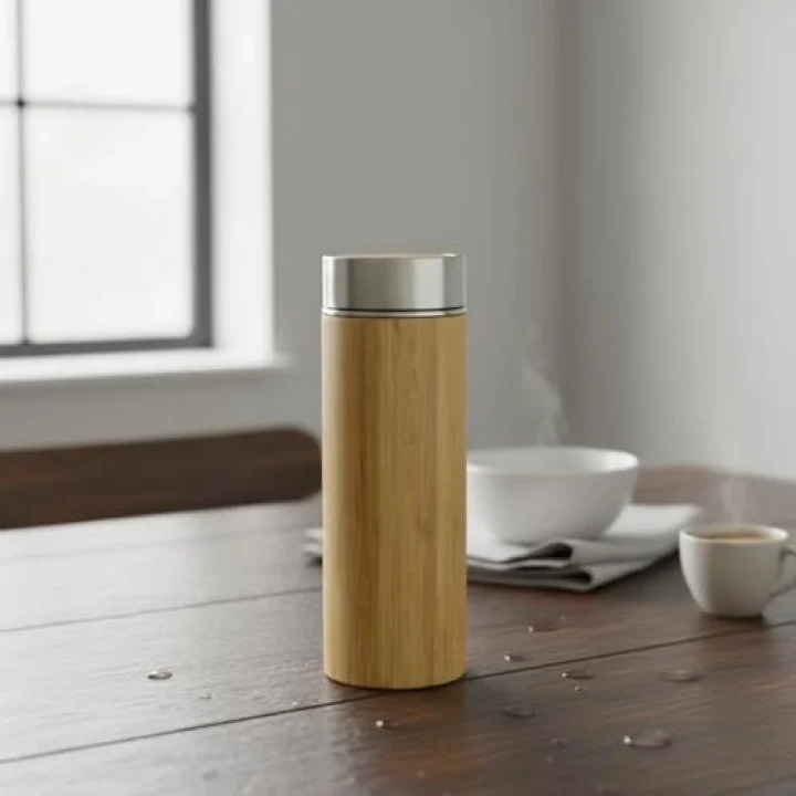 450 ml Bambu Kaplamalı Çelik Termos - Klasik Bardak Kapaklı Sıcak ve Soğuk Tutucu Seyahat Termosu