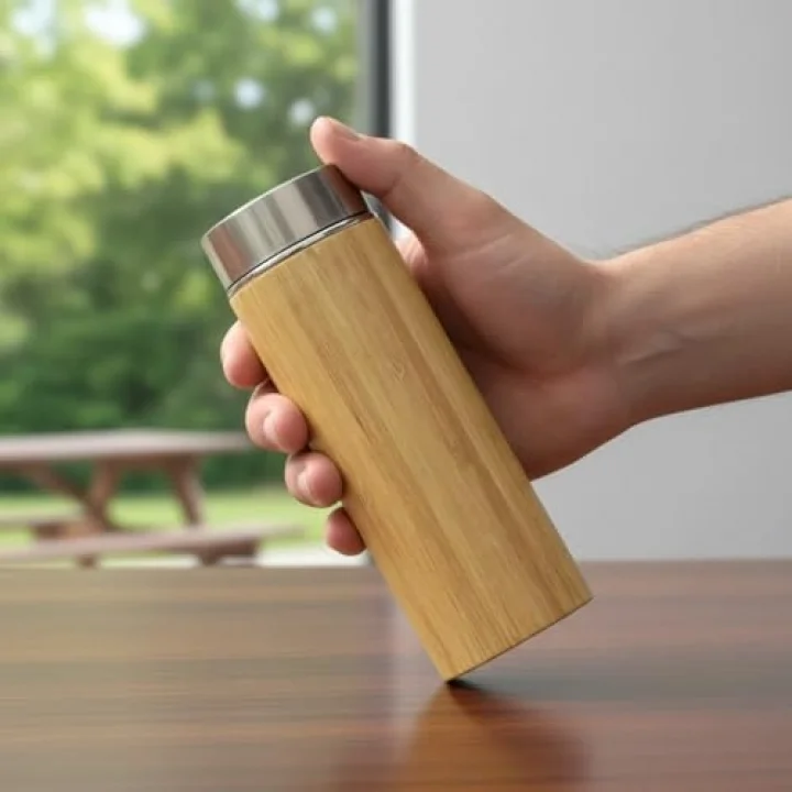 450 ml Bambu Kaplamalı Çelik Termos - Klasik Bardak Kapaklı Sıcak ve Soğuk Tutucu Seyahat Termosu