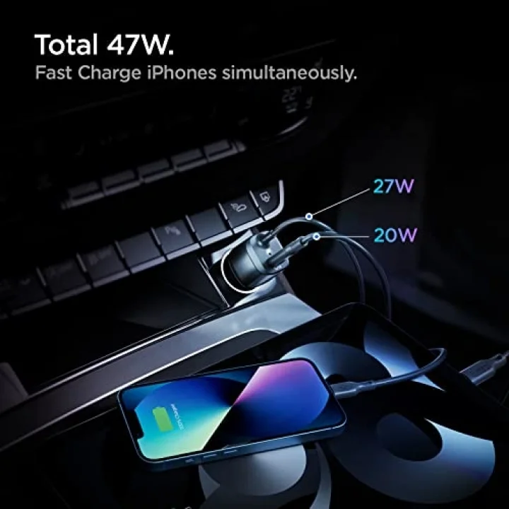 47W USB-C 2 Port Araç içi Hızlı Şarj Aleti + Lightning Şarj Kablosu Güç Adaptörü Çakmaklık iPhone & iPad Type-C - ACP04205 ( TR Garantili)