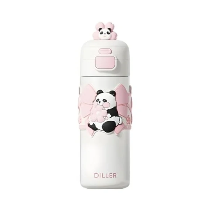 480ml Sevimli Hayvanlar Süslü Pipetli/Pipetsiz El Askılı Paslanmaz Çelik Termos (Pembe Panda)