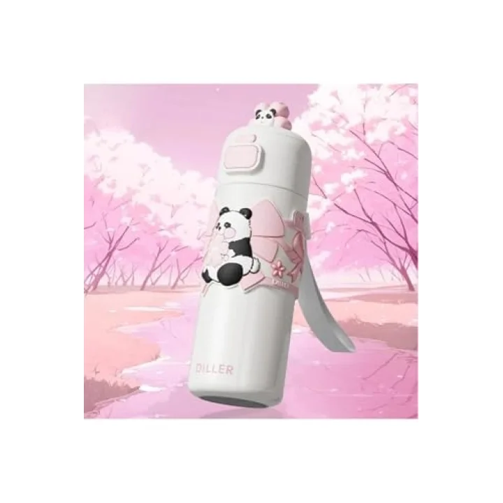 480ml Sevimli Hayvanlar Süslü Pipetli/Pipetsiz El Askılı Paslanmaz Çelik Termos (Pembe Panda)
