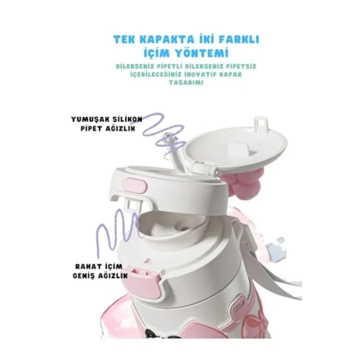 480ml Sevimli Hayvanlar Süslü Pipetli/Pipetsiz El Askılı Paslanmaz Çelik Termos (Pembe Panda)