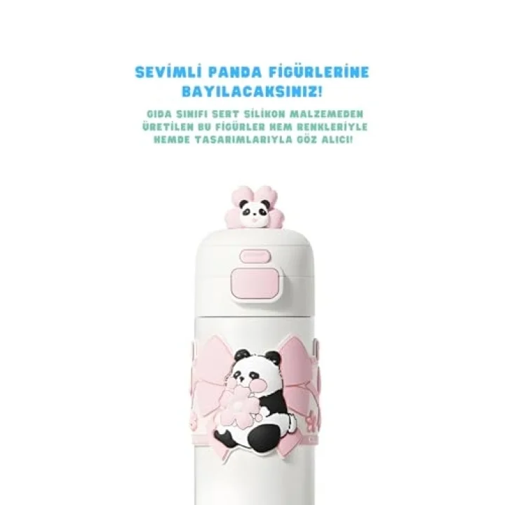 480ml Sevimli Hayvanlar Süslü Pipetli/Pipetsiz El Askılı Paslanmaz Çelik Termos (Pembe Panda)