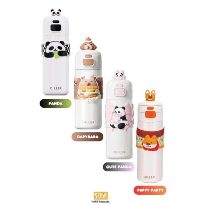 480ml Sevimli Hayvanlar Süslü Pipetli/Pipetsiz El Askılı Paslanmaz Çelik Termos (Pembe Panda)