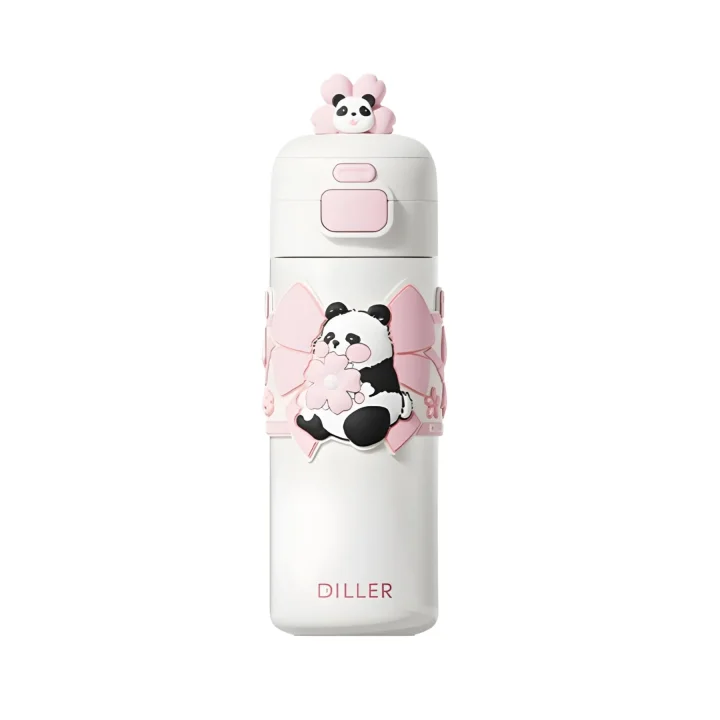 480ml Sevimli Hayvanlar Süslü Pipetli/Pipetsiz El Askılı Paslanmaz Çelik Termos (Pembe Panda)
