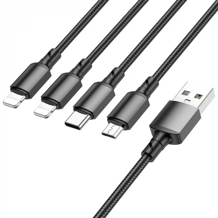 4in1 Usb Kablo Lightning + Micro + Type-c 4ü 1 arada Lightning/Micro-USB/USB-C için Şarj Kablosu 1metre 2A Akım BX72 (2x Lightning+Type-C+Micro Uçlu Kablo)