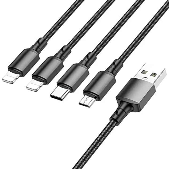 4in1 Usb Kablo Lightning + Micro + Type-c 4ü 1 arada Lightning/Micro-USB/USB-C için Şarj Kablosu 1metre 2A Akım BX72 (2x Lightning+Type-C+Micro Uçlu Kablo)