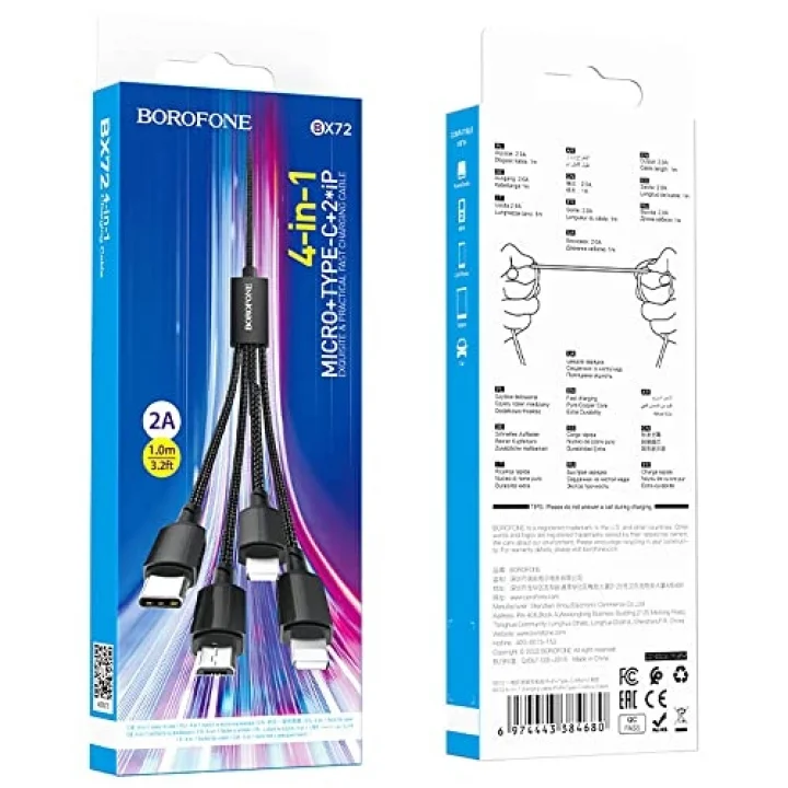 4in1 Usb Kablo Lightning + Micro + Type-c 4ü 1 arada Lightning/Micro-USB/USB-C için Şarj Kablosu 1metre 2A Akım BX72 (2x Lightning+Type-C+Micro Uçlu Kablo)