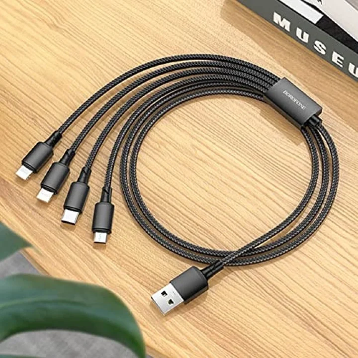 4in1 Usb Kablo Lightning + Micro + Type-c 4ü 1 arada Lightning/Micro-USB/USB-C için Şarj Kablosu 1metre 2A Akım BX72 (2x Lightning+Type-C+Micro Uçlu Kablo)