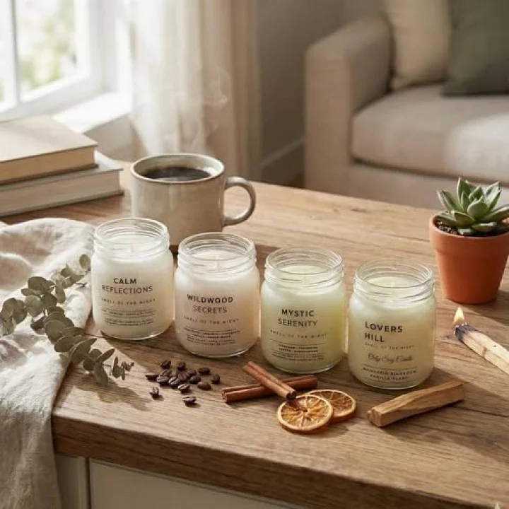 4’lü Premium Soya Mumu Seti | Calm Reflections, Wildwood Secrets, Mystic Serenity, Lovers Hill | 7 oz Cam Kavanoz | 40+ Saat Yanma | Doğal, Paraben İçermez, Hediye Seti