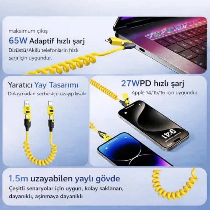 4’ü 1 Arada 65W Yaylı Hızlı Şarj Kablosu Type-C & Lightning PD Destekli, Dolaşmaz Spiral Tasarım, 1.5m Uzayabilir, Araç & Ev Uyumlu Şarj ve Veri Kablosu (Siyah)