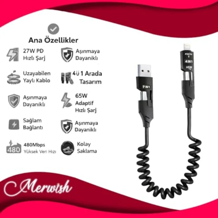 4’ü 1 Arada 65W Yaylı Hızlı Şarj Kablosu Type-C & Lightning PD Destekli, Dolaşmaz Spiral Tasarım, 1.5m Uzayabilir, Araç & Ev Uyumlu Şarj ve Veri Kablosu (Siyah)