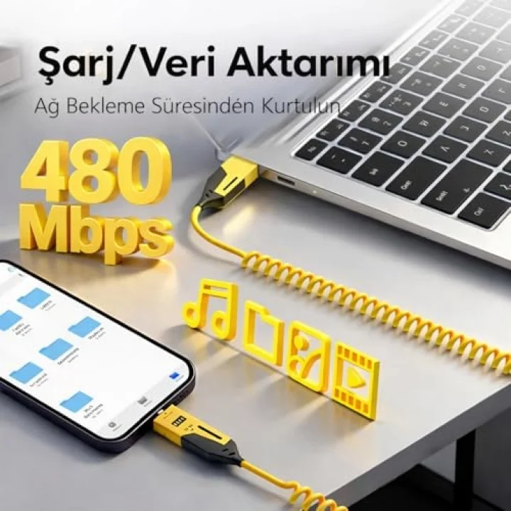 4’ü 1 Arada 65W Yaylı Hızlı Şarj Kablosu Type-C & Lightning PD Destekli, Dolaşmaz Spiral Tasarım, 1.5m Uzayabilir, Araç & Ev Uyumlu Şarj ve Veri Kablosu (Siyah)