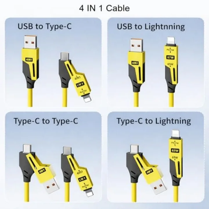 4’ü 1 Arada 65W Yaylı Hızlı Şarj Kablosu Type-C & Lightning PD Destekli, Dolaşmaz Spiral Tasarım, 1.5m Uzayabilir, Araç & Ev Uyumlu Şarj ve Veri Kablosu (Siyah)
