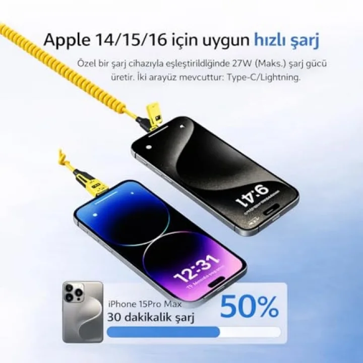 4’ü 1 Arada 65W Yaylı Hızlı Şarj Kablosu Type-C & Lightning PD Destekli, Dolaşmaz Spiral Tasarım, 1.5m Uzayabilir, Araç & Ev Uyumlu Şarj ve Veri Kablosu (Siyah)