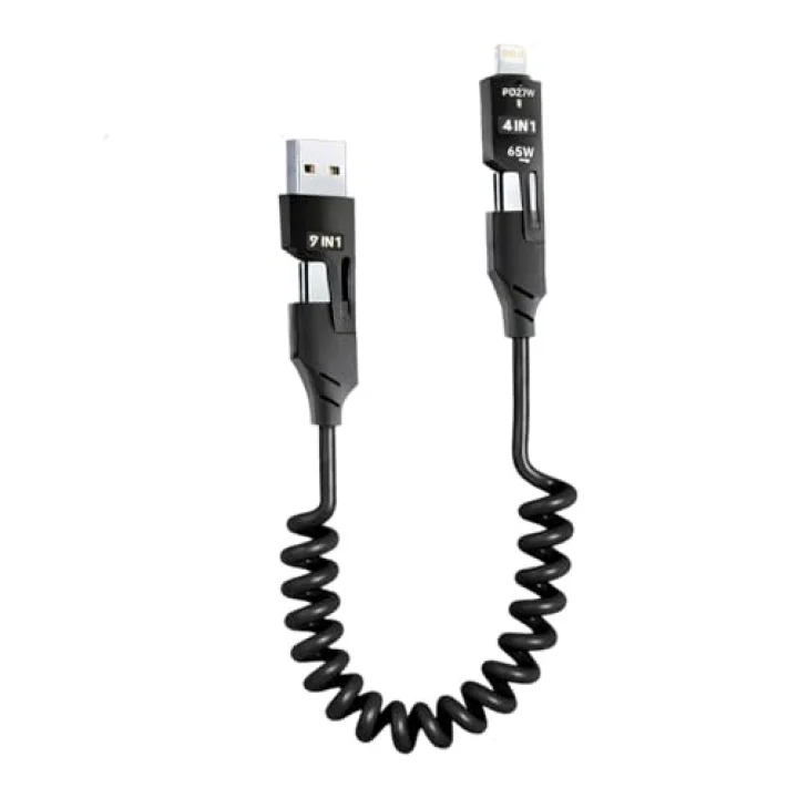 4’ü 1 Arada 65W Yaylı Hızlı Şarj Kablosu Type-C & Lightning PD Destekli, Dolaşmaz Spiral Tasarım, 1.5m Uzayabilir, Araç & Ev Uyumlu Şarj ve Veri Kablosu (Siyah)