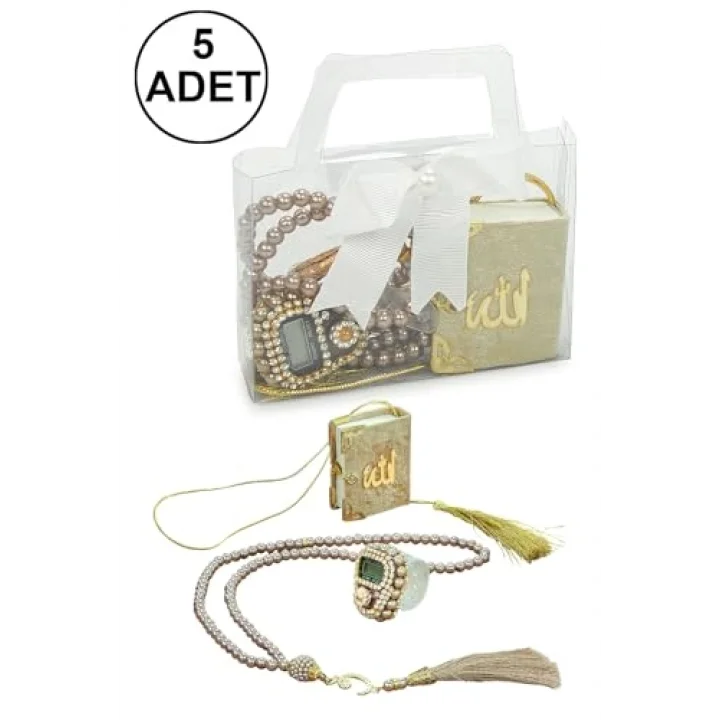 5 Adet Çantalı Mevlüt Hediyelik - Zikirmatik Tesbih Mini Kuranı Kerim Seti - Gold