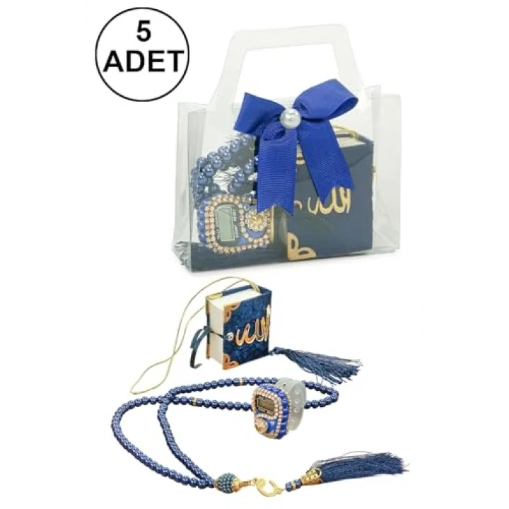 5 Adet Çantalı Mevlüt Hediyelik - Zikirmatik Tesbih Mini Kuranı Kerim Seti - Lacivert