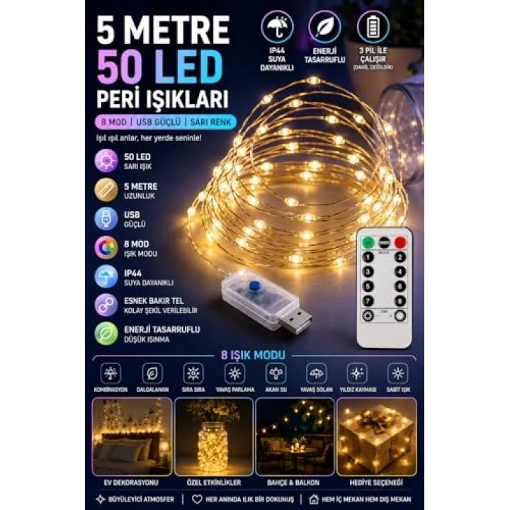 5 Metre SARI 50 LED Işıklar Peri Işıkları 8 MOD RGB Işıkları USB SARI Renkli Işık Peri Dize Işıkları Tel Fonksiyonlu Süsleme İnce Telli Aydınlatmalı Şerit Led Yılbaşı Işık Yılbaşı Süsü