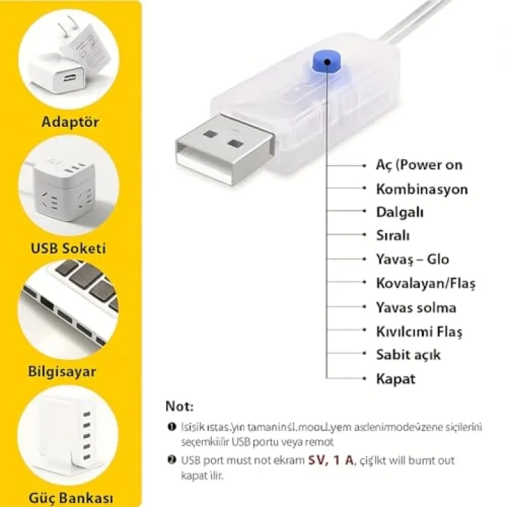 5 Metre SARI 50 LED Işıklar Peri Işıkları 8 MOD RGB Işıkları USB SARI Renkli Işık Peri Dize Işıkları Tel Fonksiyonlu Süsleme İnce Telli Aydınlatmalı Şerit Led Yılbaşı Işık Yılbaşı Süsü