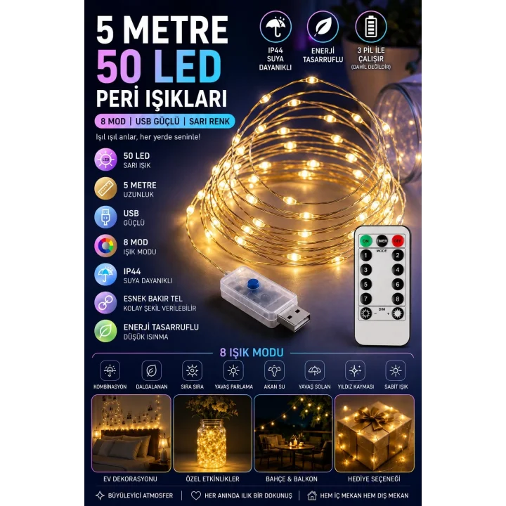 5 Metre SARI 50 LED Işıklar Peri Işıkları 8 MOD RGB Işıkları USB SARI Renkli Işık Peri Dize Işıkları Tel Fonksiyonlu Süsleme İnce Telli Aydınlatmalı Şerit Led Yılbaşı Işık Yılbaşı Süsü