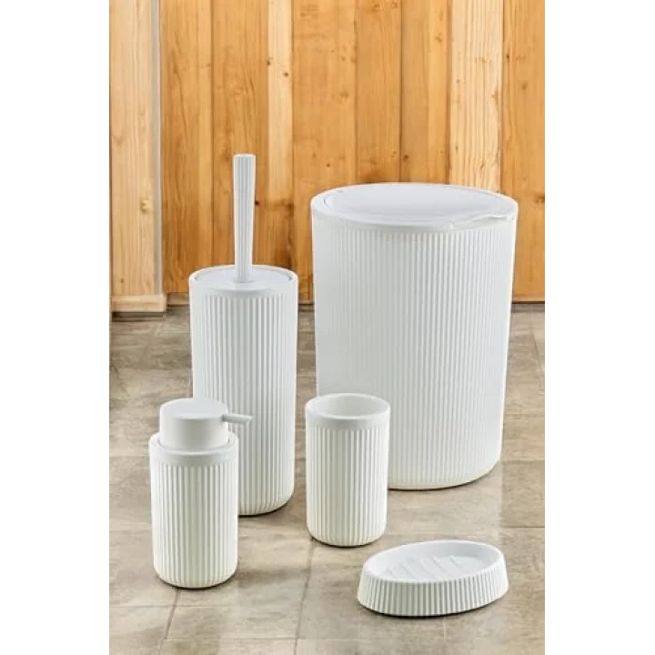 5 Parça Lüx Plastik Banyo Seti 7 Litre Dokunmatik Çöp Kovalı, Antibakteriyel Fırça (Siyah-Gri) (BEYAZ)