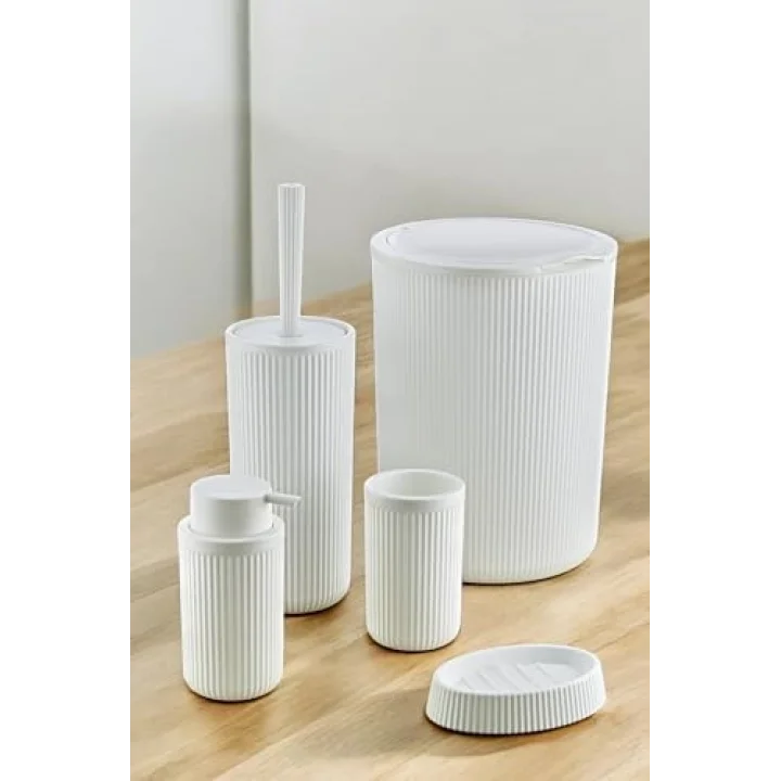 5 Parça Lüx Plastik Banyo Seti 7 Litre Dokunmatik Çöp Kovalı, Antibakteriyel Fırça (Siyah-Gri) (BEYAZ)
