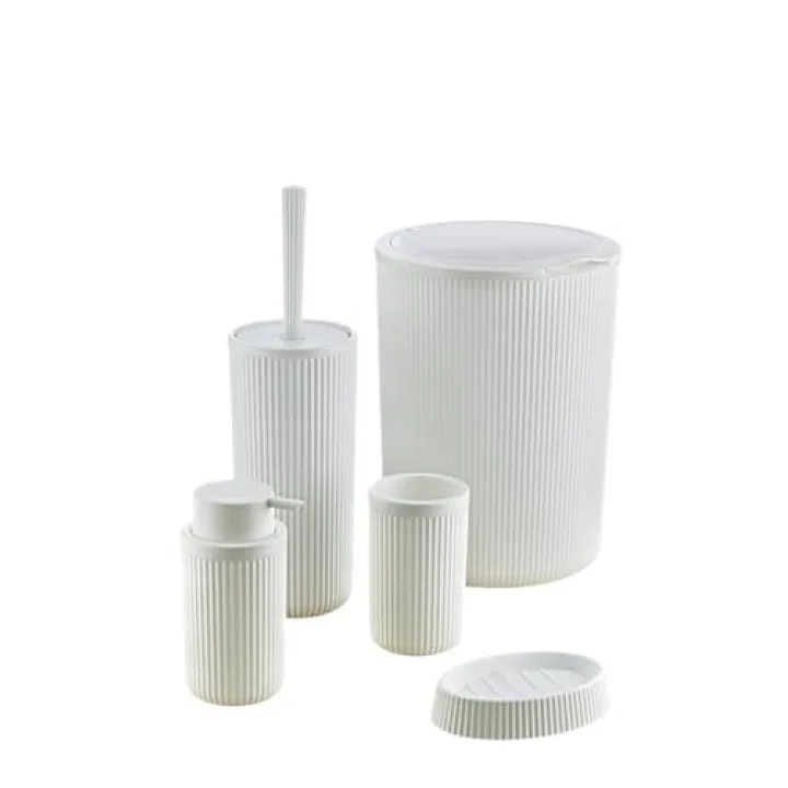 5 Parça Lüx Plastik Banyo Seti 7 Litre Dokunmatik Çöp Kovalı, Antibakteriyel Fırça (Siyah-Gri) (BEYAZ)