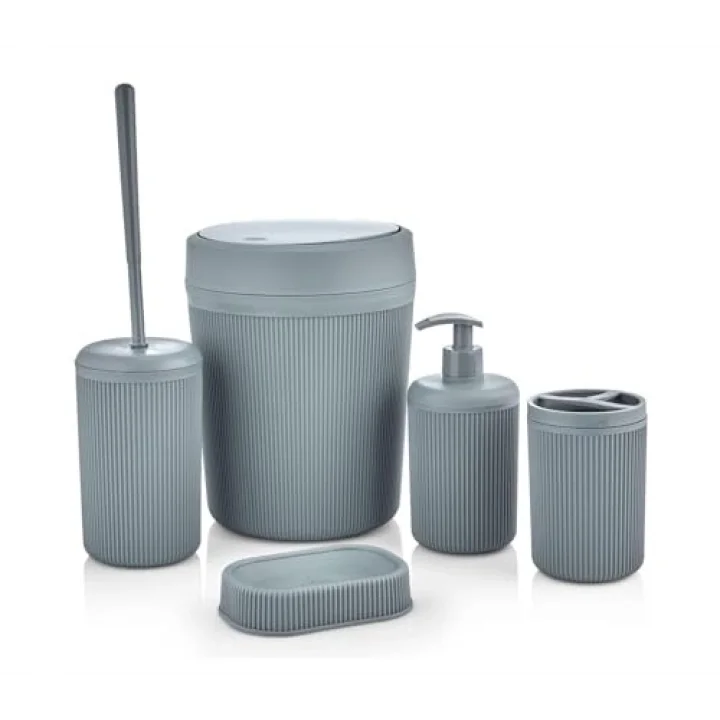 5 Parça Lüx Plastik Banyo Seti - Çöp Kovalı, Antibakteriyel Fırça, Normal ve Sıvı sabunluk, diş Fırçalıklı - Antresit