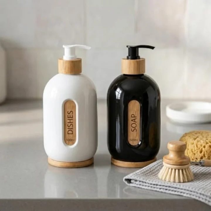 500 ml Cam Sıvı Sabunluk - Bambu Pompalı ve Etiketli Şık Tasarım (1 Adet) Asorit Gönderim