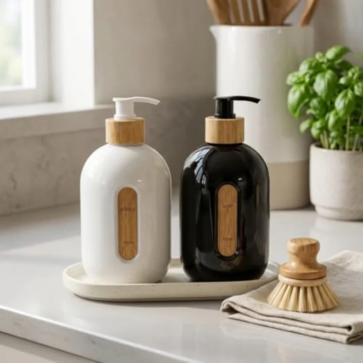 500 ml Cam Sıvı Sabunluk - Bambu Pompalı ve Etiketli Şık Tasarım (1 Adet) Asorit Gönderim