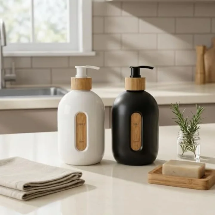 500 ml Cam Sıvı Sabunluk - Bambu Pompalı ve Etiketli Şık Tasarım (1 Adet) Asorit Gönderim