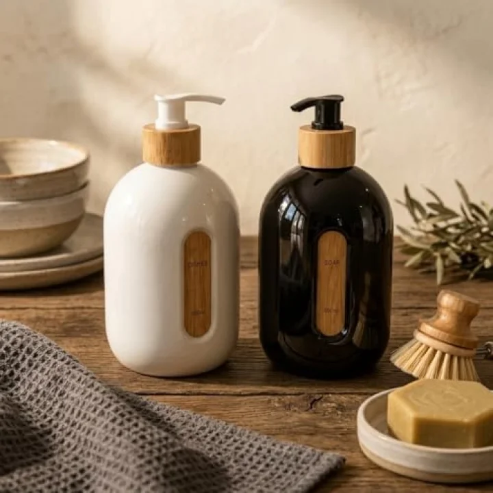 500 ml Cam Sıvı Sabunluk - Bambu Pompalı ve Etiketli Şık Tasarım (1 Adet) Asorit Gönderim