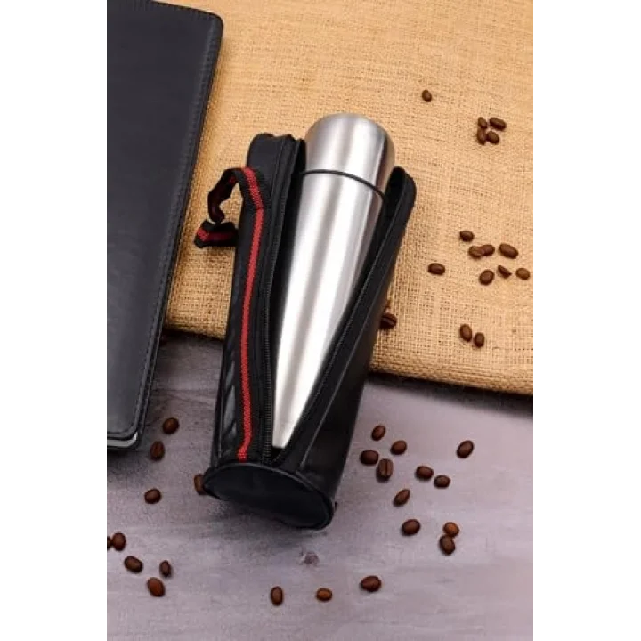500 ml Kapak Bardaklı Deri Çantalı Gri Paslanmaz Çelik Termos