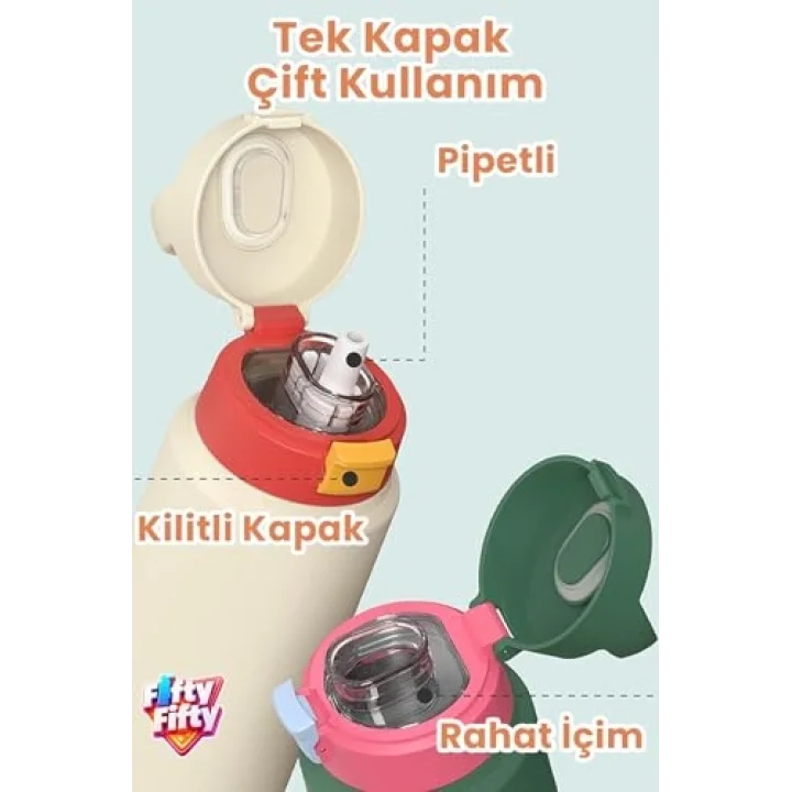 550 ML Desenli Tek Kapak Çift Kullanım Pipetli Rahat İçim Kulplu Paslanmaz Çelik Termos 1109-550ML Pembe