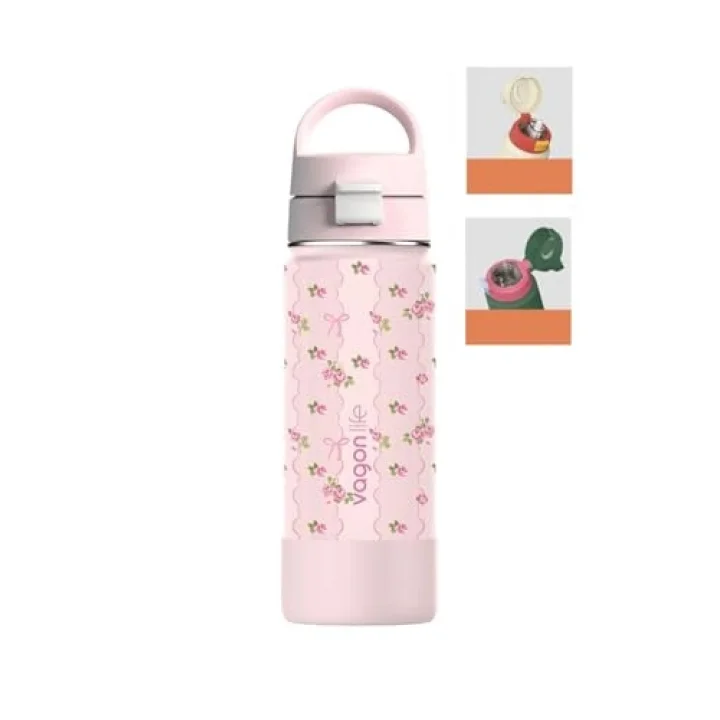 550 ML Desenli Tek Kapak Çift Kullanım Pipetli Rahat İçim Kulplu Paslanmaz Çelik Termos 1109-550ML Pembe