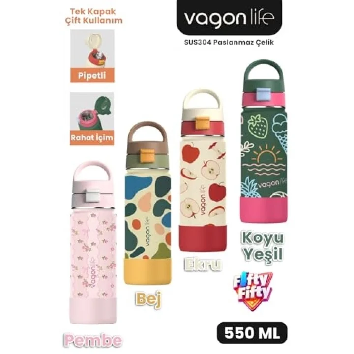 550 ML Desenli Tek Kapak Çift Kullanım Pipetli Rahat İçim Kulplu Paslanmaz Çelik Termos 1109-550ML Pembe