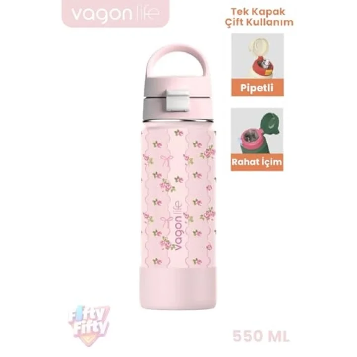 550 ML Desenli Tek Kapak Çift Kullanım Pipetli Rahat İçim Kulplu Paslanmaz Çelik Termos 1109-550ML Pembe