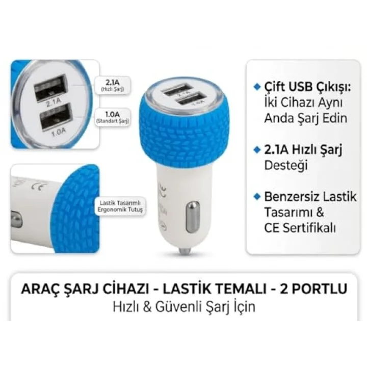 5V 2.1A, Çift USBli Oto Çakmak Adaptör, Hızlı Şarj