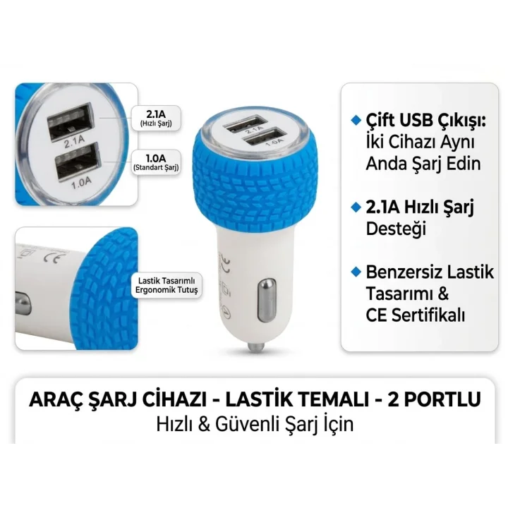 5V 2.1A, Çift USBli Oto Çakmak Adaptör, Hızlı Şarj