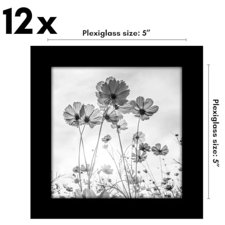 5x5 Picture Frame with Polished Plexiglass - Set of 12 - Signature Collection - Picture Frames with Engineered Wood - Square Frame for Tabletop and Wall Display - Black