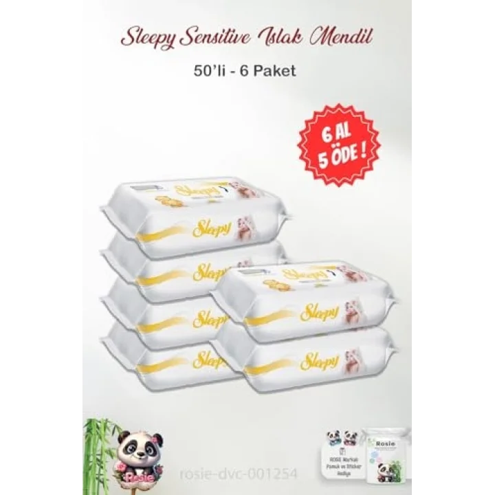 6 AL 5 ÖDE Sleepy Sensitive 50li Islak Bebek Mendil ve ROSIE Pamuk