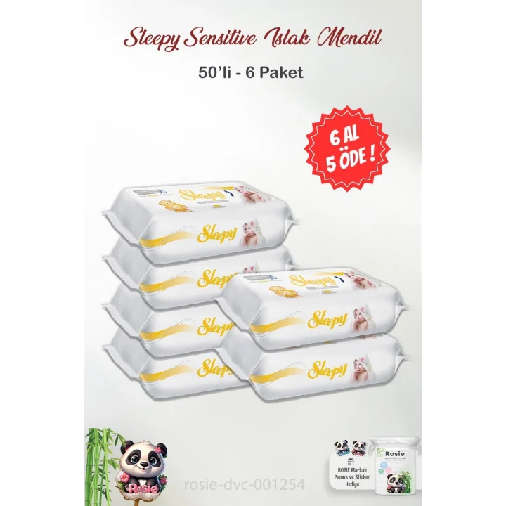 6 AL 5 ÖDE Sleepy Sensitive 50li Islak Bebek Mendil ve ROSIE Pamuk