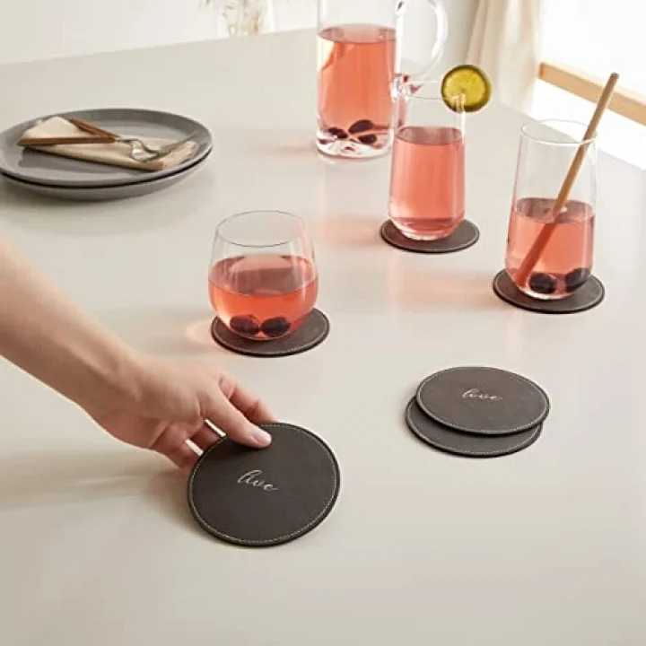 6li Gri Renk Deri Bardak Altlığı Ø 10 cm
