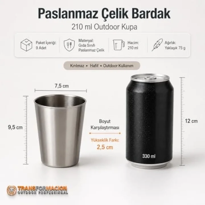 6lı Paslanmaz Çelik Bardak Seti 210 ml, Kırılmaz Hafif Kamp & Piknik Bardağı, Outdoor Çelik Kupa 721504