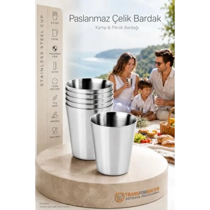 6lı Paslanmaz Çelik Bardak Seti 210 ml, Kırılmaz Hafif Kamp & Piknik Bardağı, Outdoor Çelik Kupa 721504