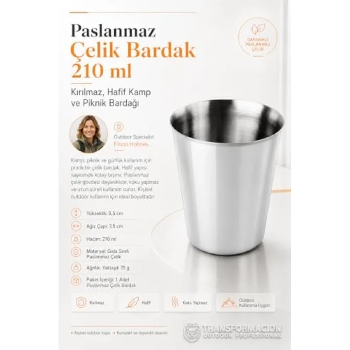 6lı Paslanmaz Çelik Bardak Seti 210 ml, Kırılmaz Hafif Kamp & Piknik Bardağı, Outdoor Çelik Kupa 721504