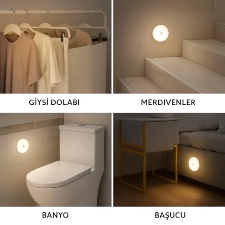 6lı Set Hareket Sensörlü Gece Lambası – USB Şarjlı 4000K Gün Işığı LED – Duvar, Dolap, Merdiven, Başucu için Akıllı Işık